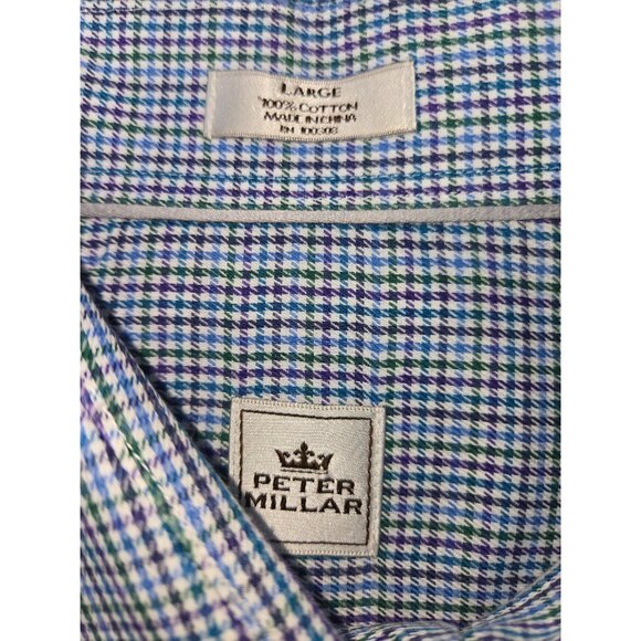 Peter Millar Mens Blue/Green Gingham Dress Shirt Large - Picture 5 of 7